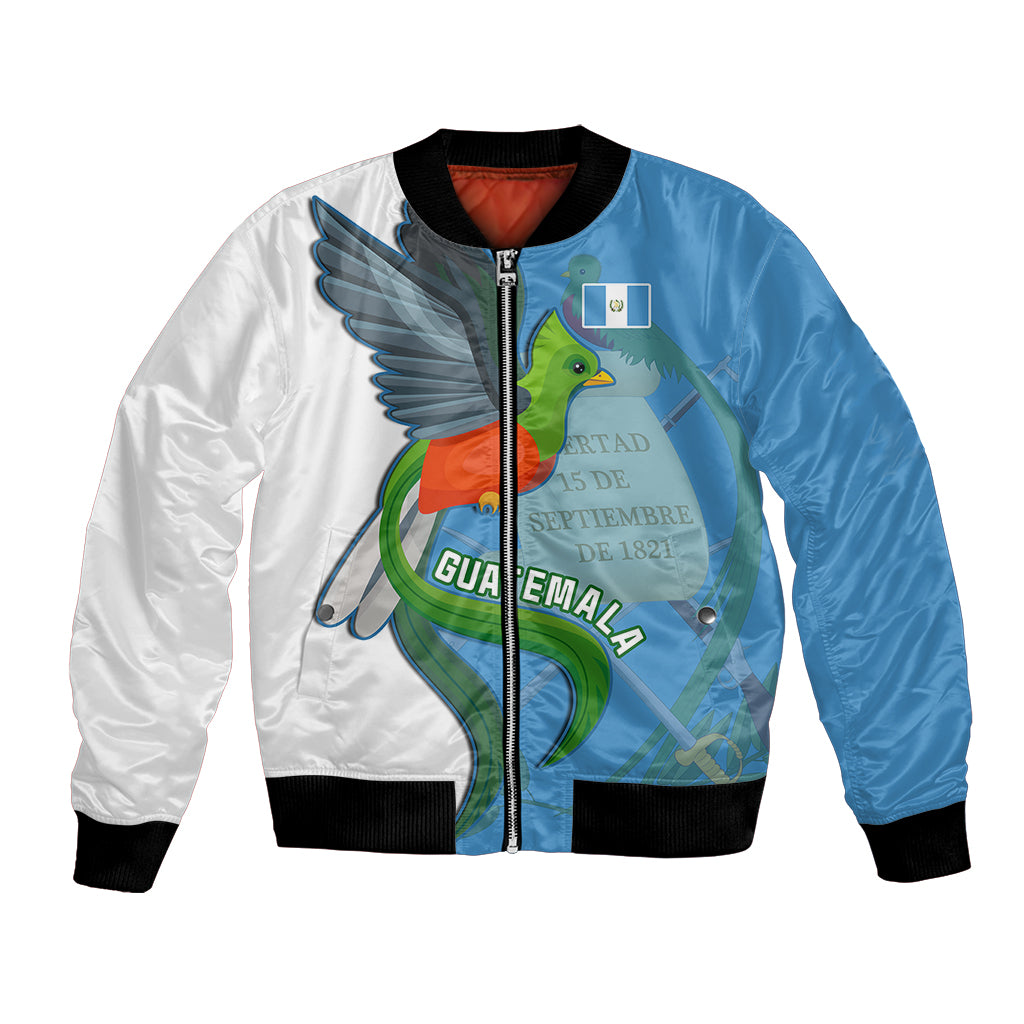 Unisex bomber jacket with blue-and-white quetzal bird graphic, front zipper, ribbed hem