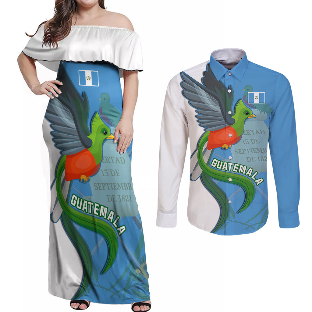 Custom Guatemala Independence Day Couples Matching Off Shoulder Maxi Dress and Long Sleeve Button Shirts Guatemalan Quetzal 202st Anniversary - Wonder Print Shop