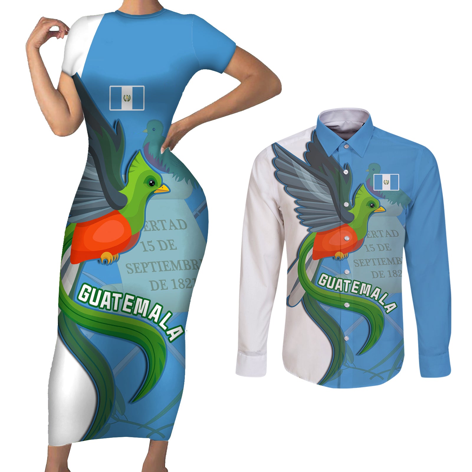 Custom Guatemala Independence Day Couples Matching Short Sleeve Bodycon Dress and Long Sleeve Button Shirts Guatemalan Quetzal 202st Anniversary - Wonder Print Shop