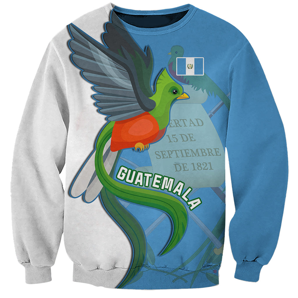Unisex crewneck sweatshirt, blue body, gray sleeves, quetzal graphic with Guatemala text