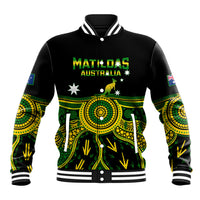 Black varsity baseball jacket with Matildas Australia front graphic and ribbed trim