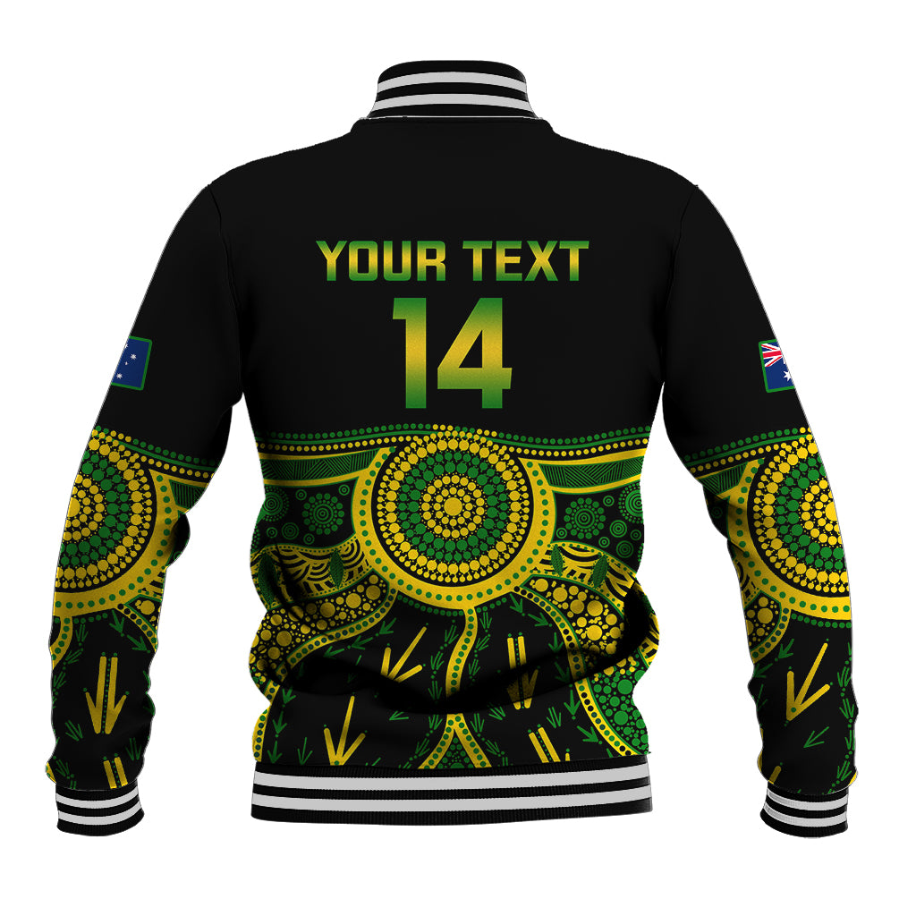 Black varsity baseball jacket back print with "YOUR TEXT" and number 14, ribbed trim