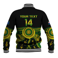 Black varsity baseball jacket back print with "YOUR TEXT" and number 14, ribbed trim