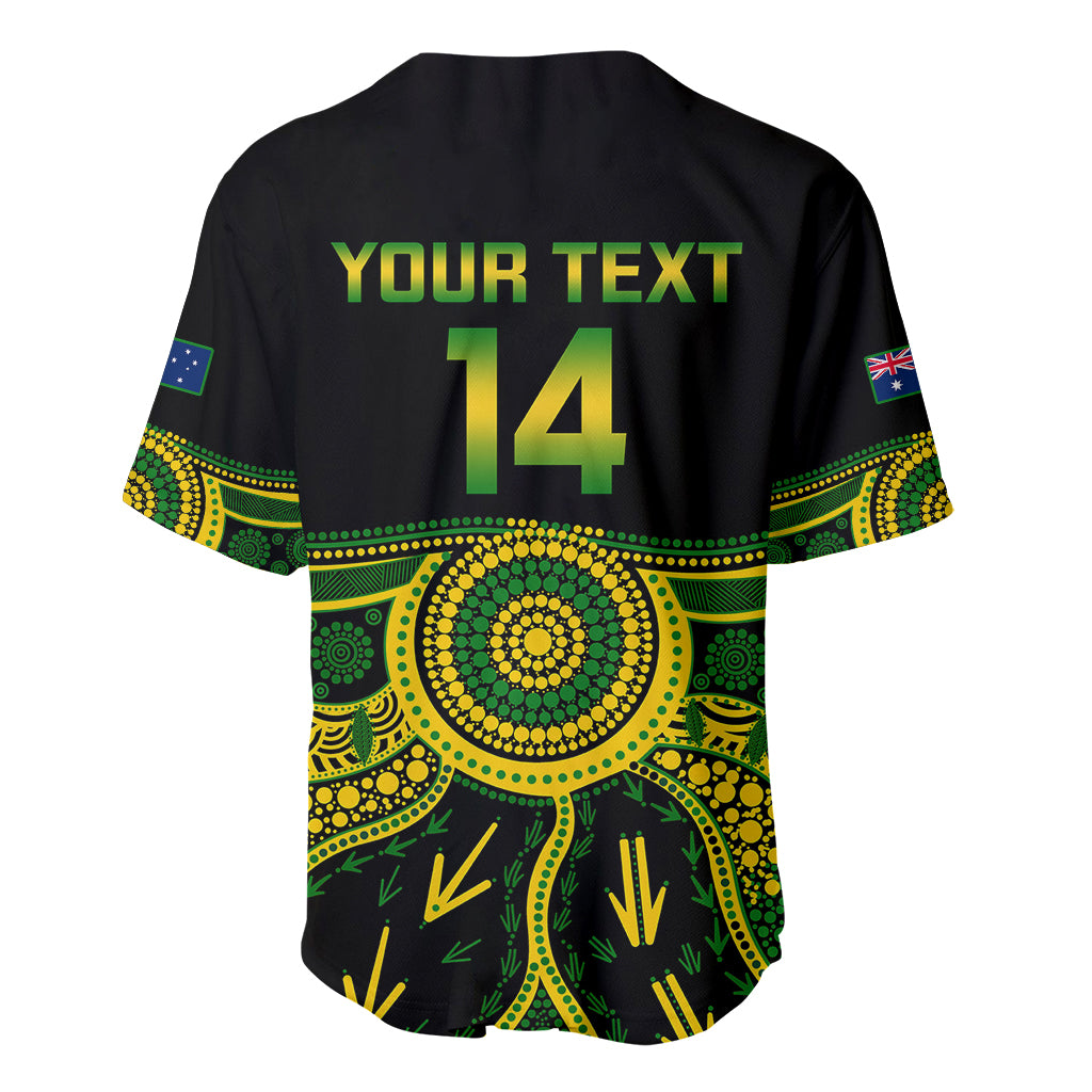 Black V-neck button baseball jersey with 'YOUR TEXT' and '14' back; green-yellow Aboriginal pattern