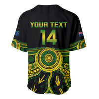 Black V-neck button baseball jersey with 'YOUR TEXT' and '14' back; green-yellow Aboriginal pattern