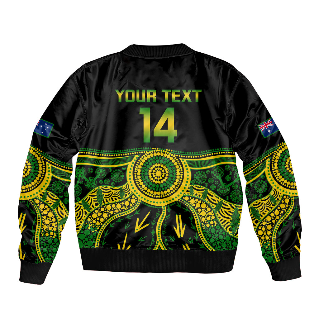 Black bomber jacket back with 'YOUR TEXT' and 14, green/yellow Aboriginal print