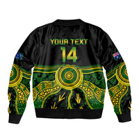 Black bomber jacket back with 'YOUR TEXT' and 14, green/yellow Aboriginal print