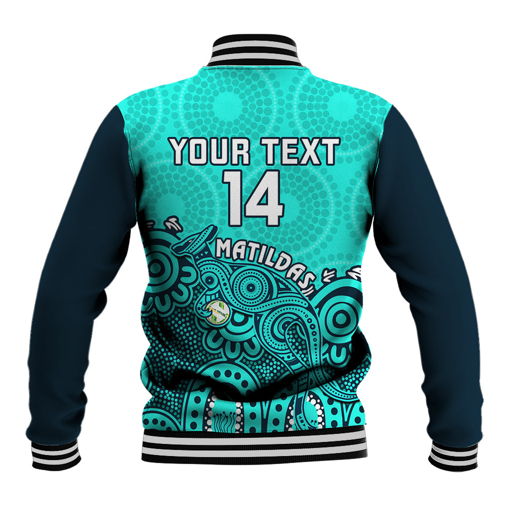 Turquoise and navy baseball jacket with striped collar, back graphic, 'YOUR TEXT' 14