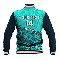 Turquoise and navy baseball jacket with striped collar, back graphic, 'YOUR TEXT' 14
