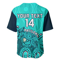 Turquoise Australia soccer baseball jersey back, YOUR TEXT 14, V-neck, Aboriginal-style pattern