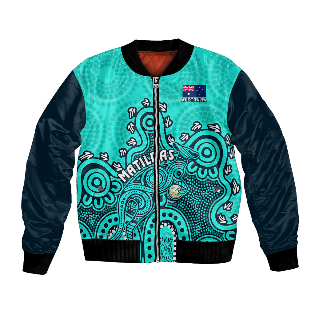 Turquoise and black bomber jacket with front zip, Australia badge, Aboriginal artwork