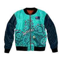 Turquoise and black bomber jacket with front zip, Australia badge, Aboriginal artwork