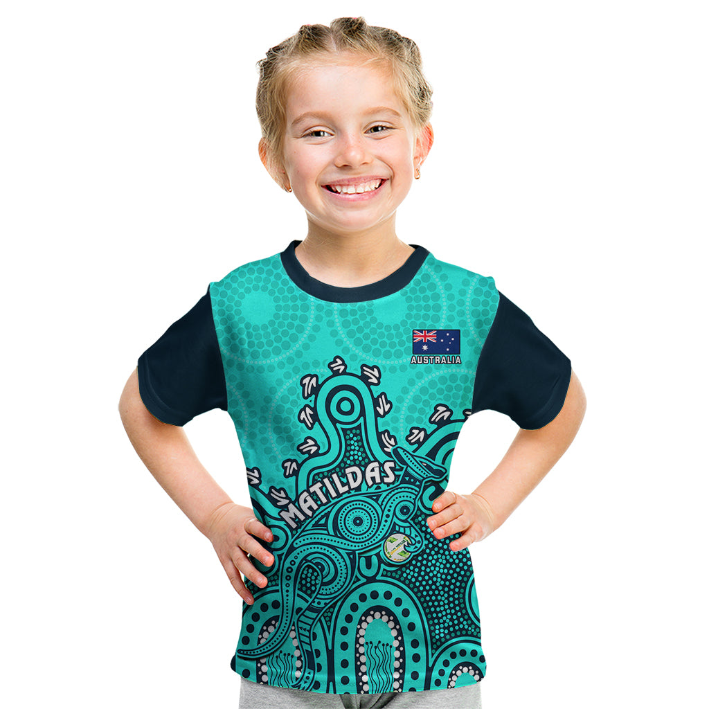 Personalised Australia Soccer Kid T Shirt Aboriginal Turquoise 2023 World Cup With Kangaroo - Wonder Print Shop