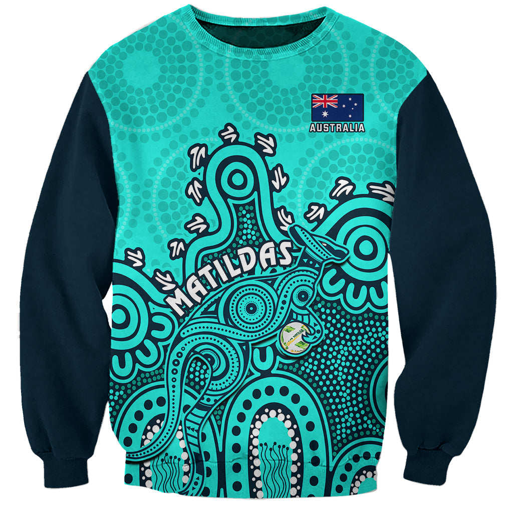 Turquoise and dark navy sweatshirt, kangaroo Aboriginal art graphic and Australia logo