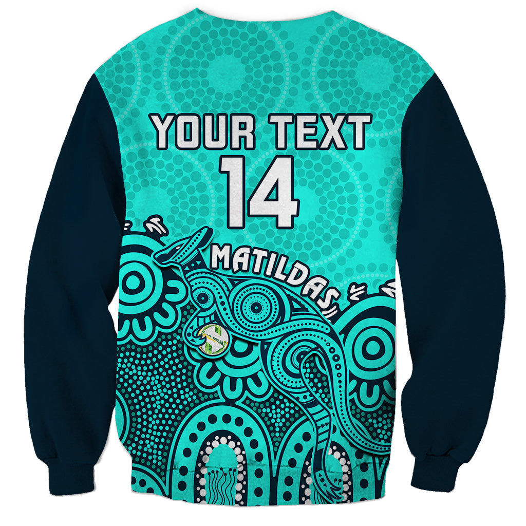 Turquoise sweatshirt back with 'YOUR TEXT 14' and Aboriginal kangaroo graphic