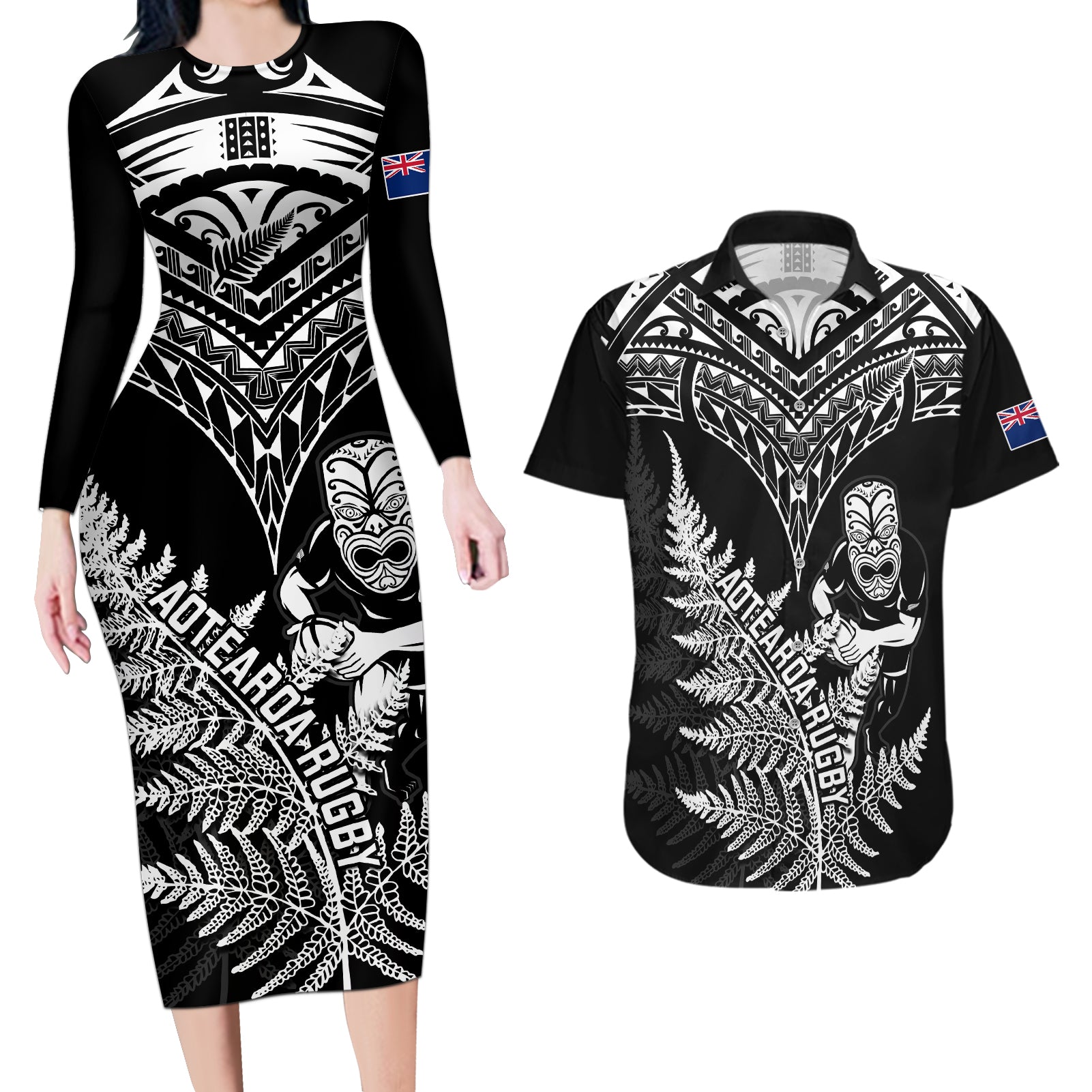 New Zealand Silver Fern Rugby Couples Matching Long Sleeve Bodycon Dress and Hawaiian Shirt Go All Black 2023 World Cup - Wonder Print Shop