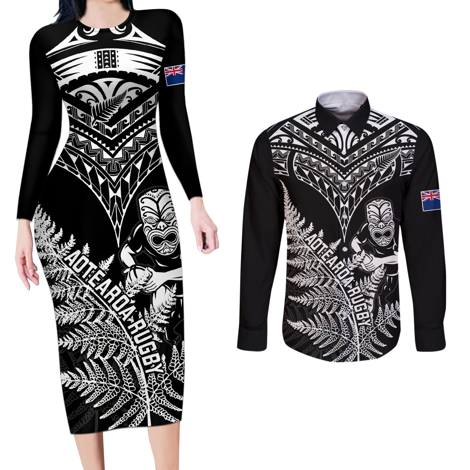 New Zealand Silver Fern Rugby Couples Matching Long Sleeve Bodycon Dress and Long Sleeve Button Shirts Go All Black 2023 World Cup - Wonder Print Shop