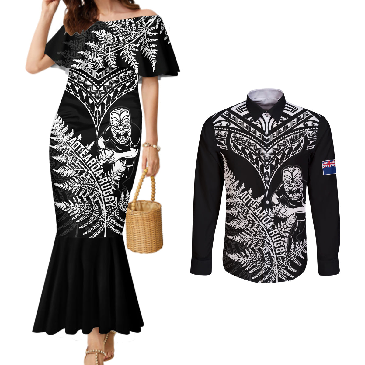 new-zealand-silver-fern-rugby-couples-matching-mermaid-dress-and-long-sleeve-button-shirts-go-all-black-2023-world-cup