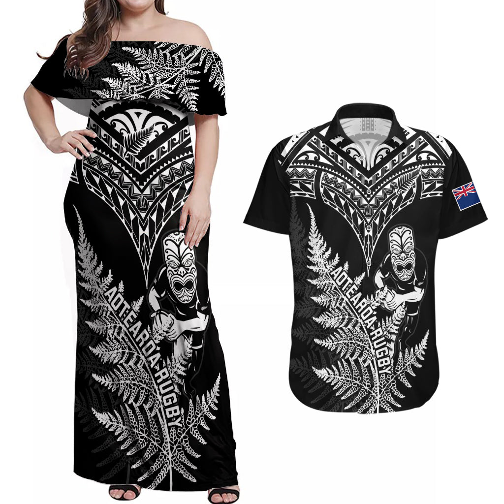 New Zealand Silver Fern Rugby Couples Matching Off Shoulder Maxi Dress and Hawaiian Shirt Go All Black 2023 World Cup - Wonder Print Shop