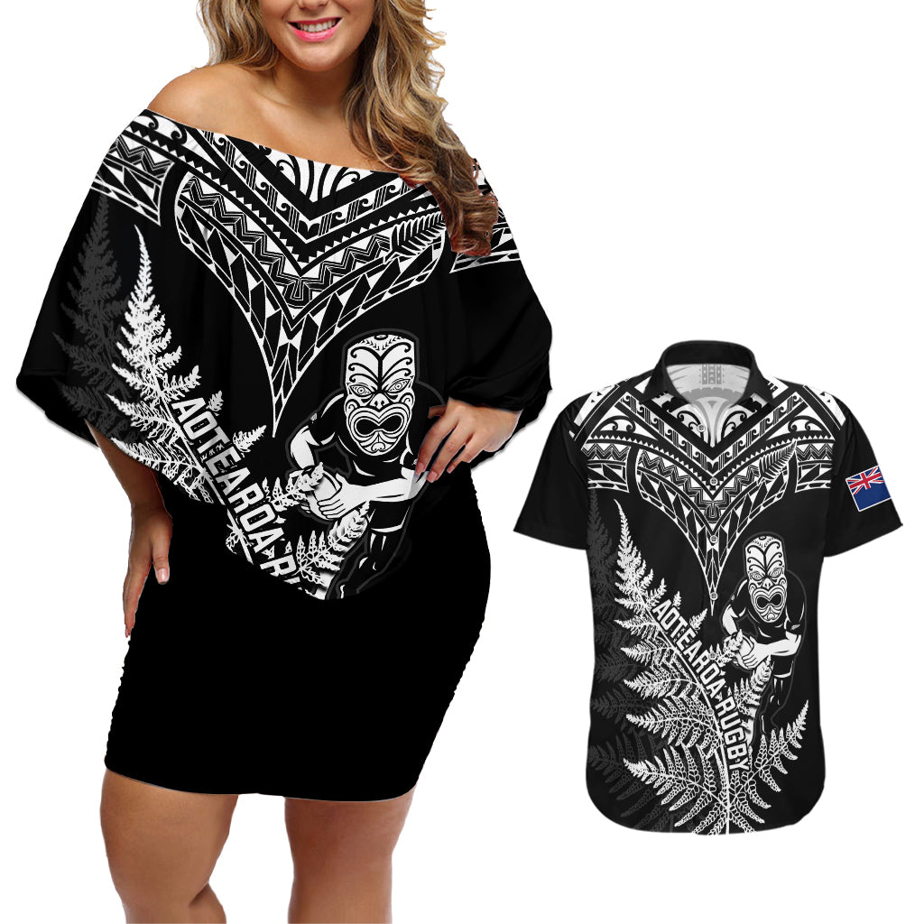 New Zealand Silver Fern Rugby Couples Matching Off Shoulder Short Dress and Hawaiian Shirt Go All Black 2023 World Cup - Wonder Print Shop