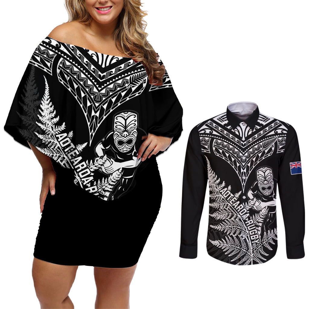 New Zealand Silver Fern Rugby Couples Matching Off Shoulder Short Dress and Long Sleeve Button Shirts Go All Black 2023 World Cup - Wonder Print Shop