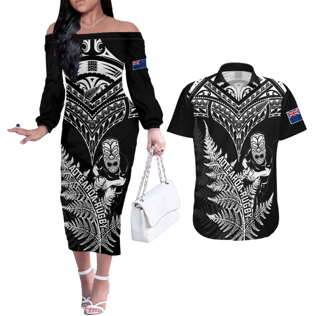 New Zealand Silver Fern Rugby Couples Matching Off The Shoulder Long Sleeve Dress and Hawaiian Shirt Go All Black 2023 World Cup - Wonder Print Shop