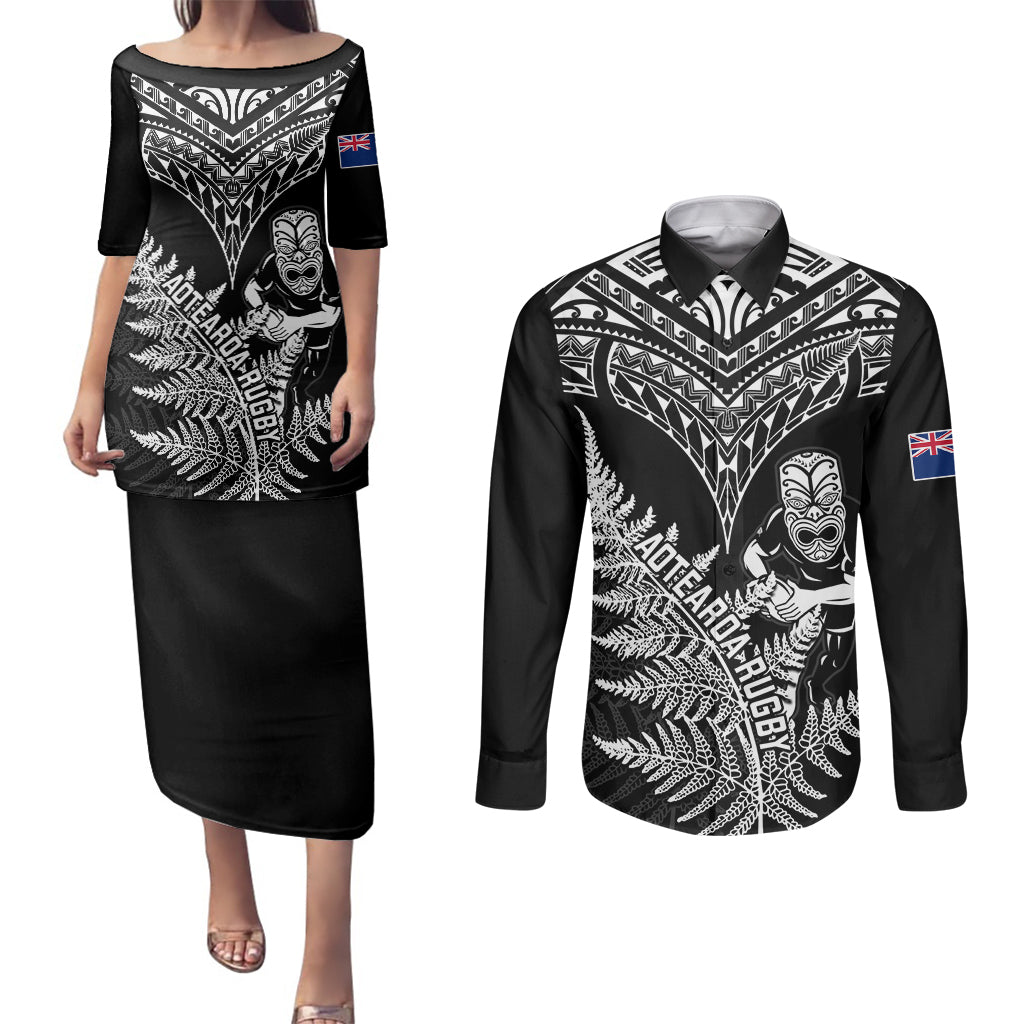 New Zealand Silver Fern Rugby Couples Matching Puletasi Dress and Long Sleeve Button Shirts Go All Black 2023 World Cup - Wonder Print Shop