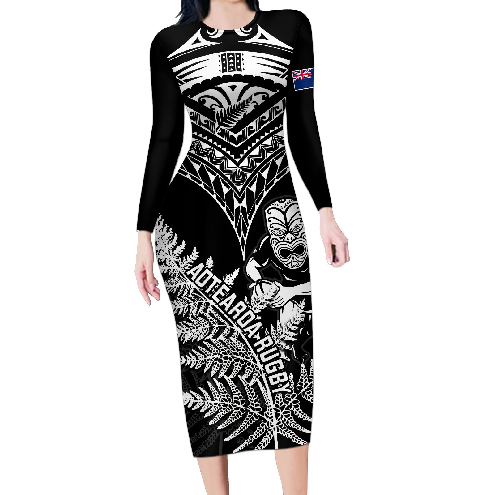 Personalised New Zealand Silver Fern Rugby Long Sleeve Bodycon Dress Go All Black 2023 World Cup - Wonder Print Shop