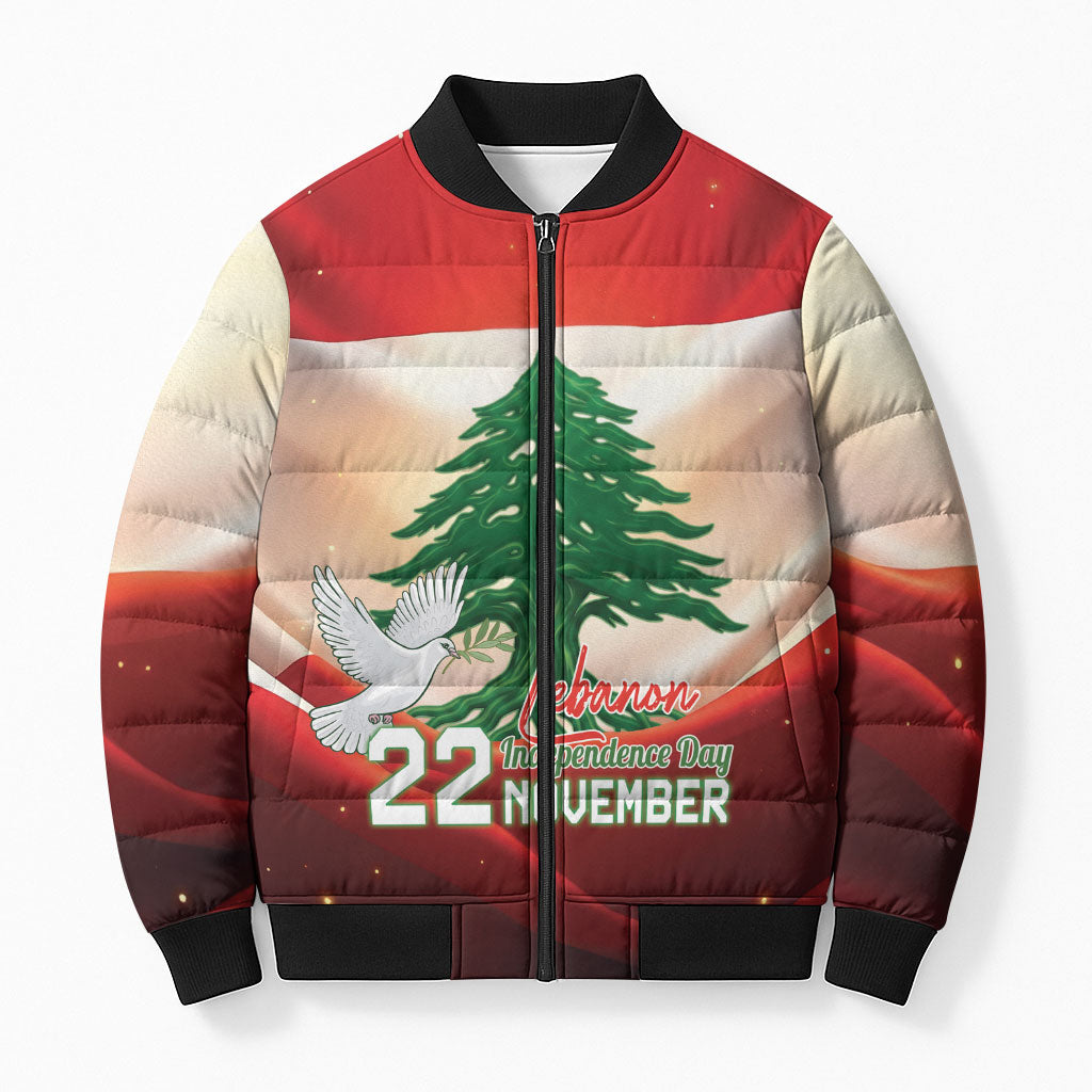 Personalised Lebanon Independence Day Bomber Puffer Jacket Happy 22 November Cedar Flag Style