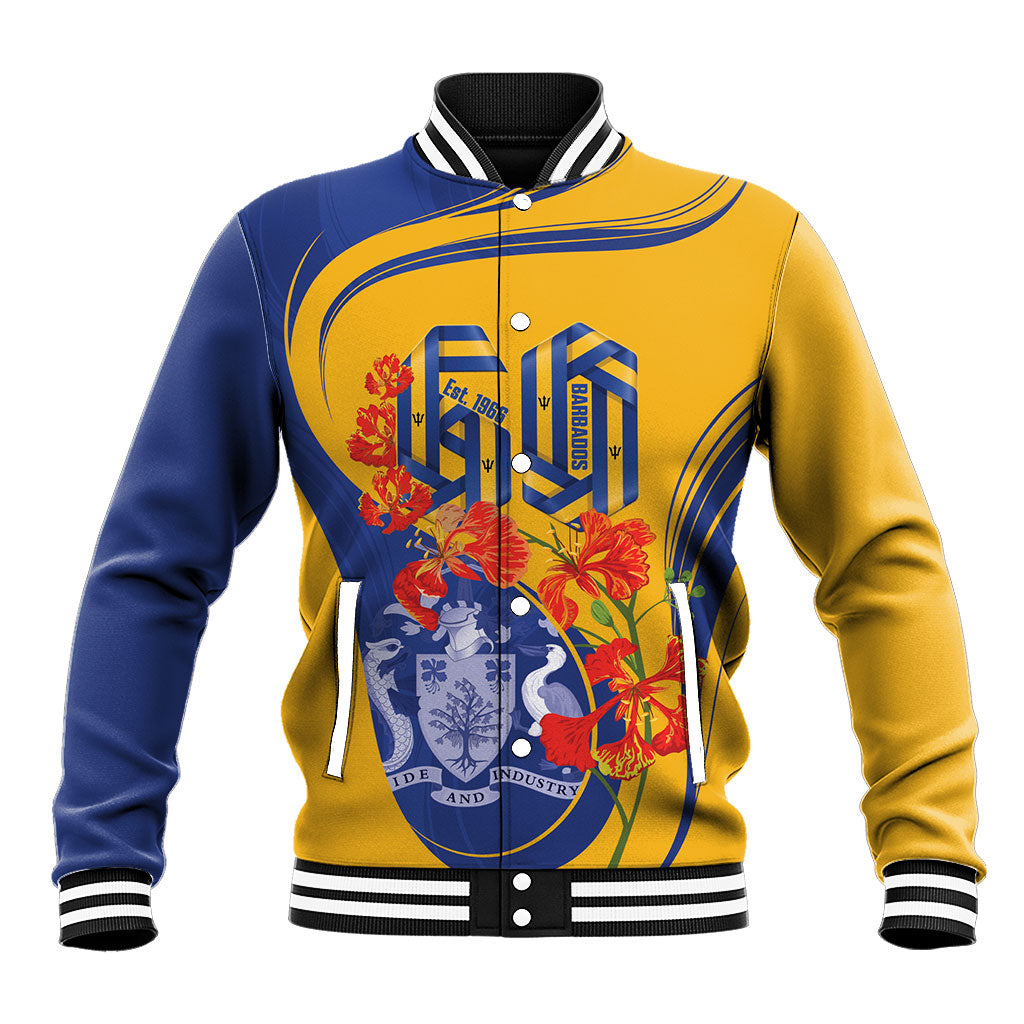 Personalized Barbados Independence Day Baseball Jacket 60th Anniversary Dwarf Poinciana Curves
