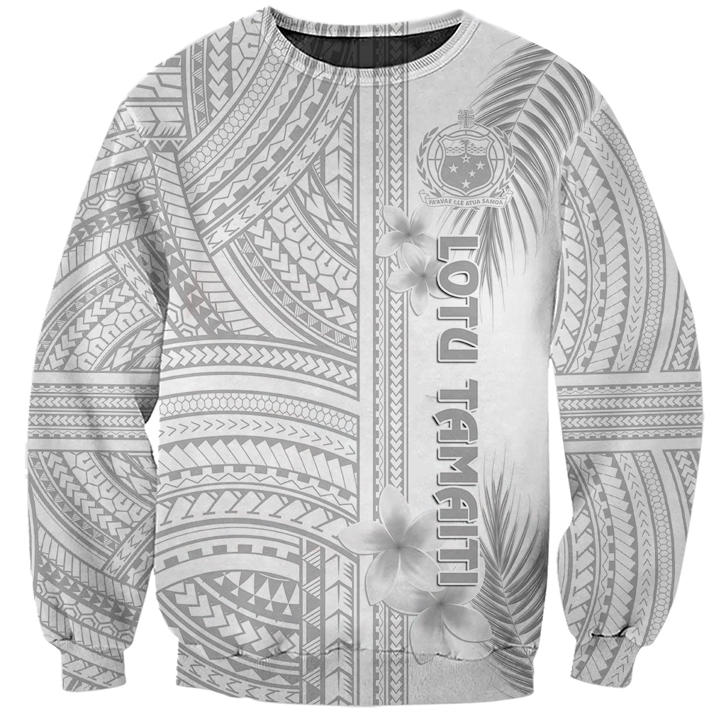 Unisex crewneck sweatshirt with gray Polynesian pattern, vertical graphic, and flowers
