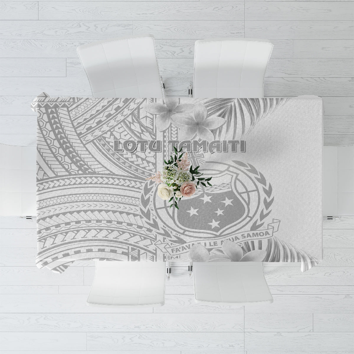 White tablecloth with gray Polynesian leaf and geometric pattern, square design