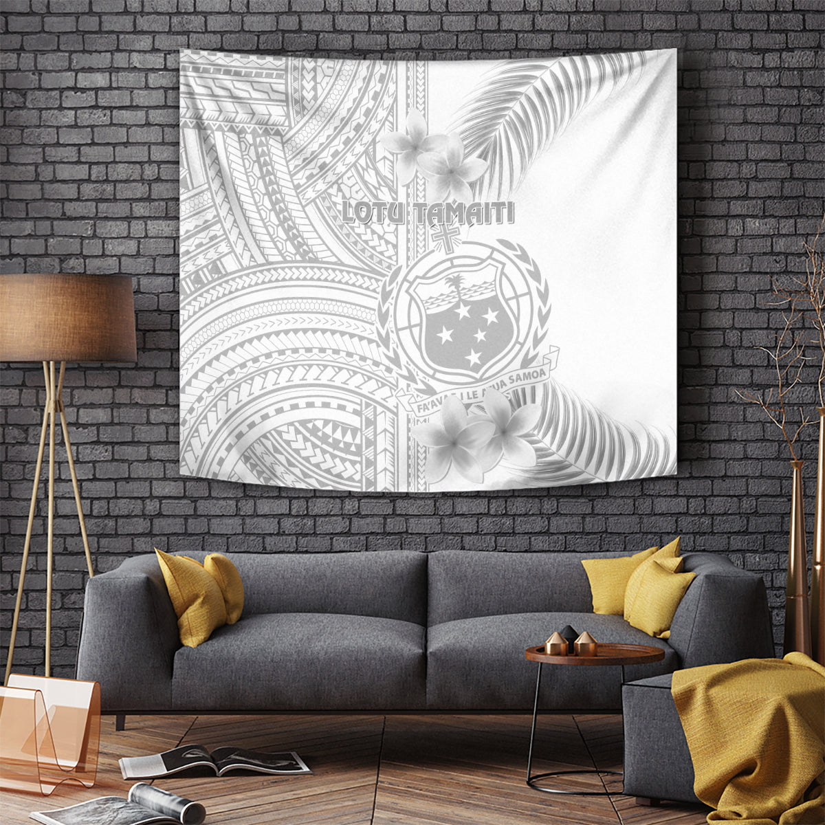 White and gray Polynesian tapestry with plumeria flowers and crest emblem