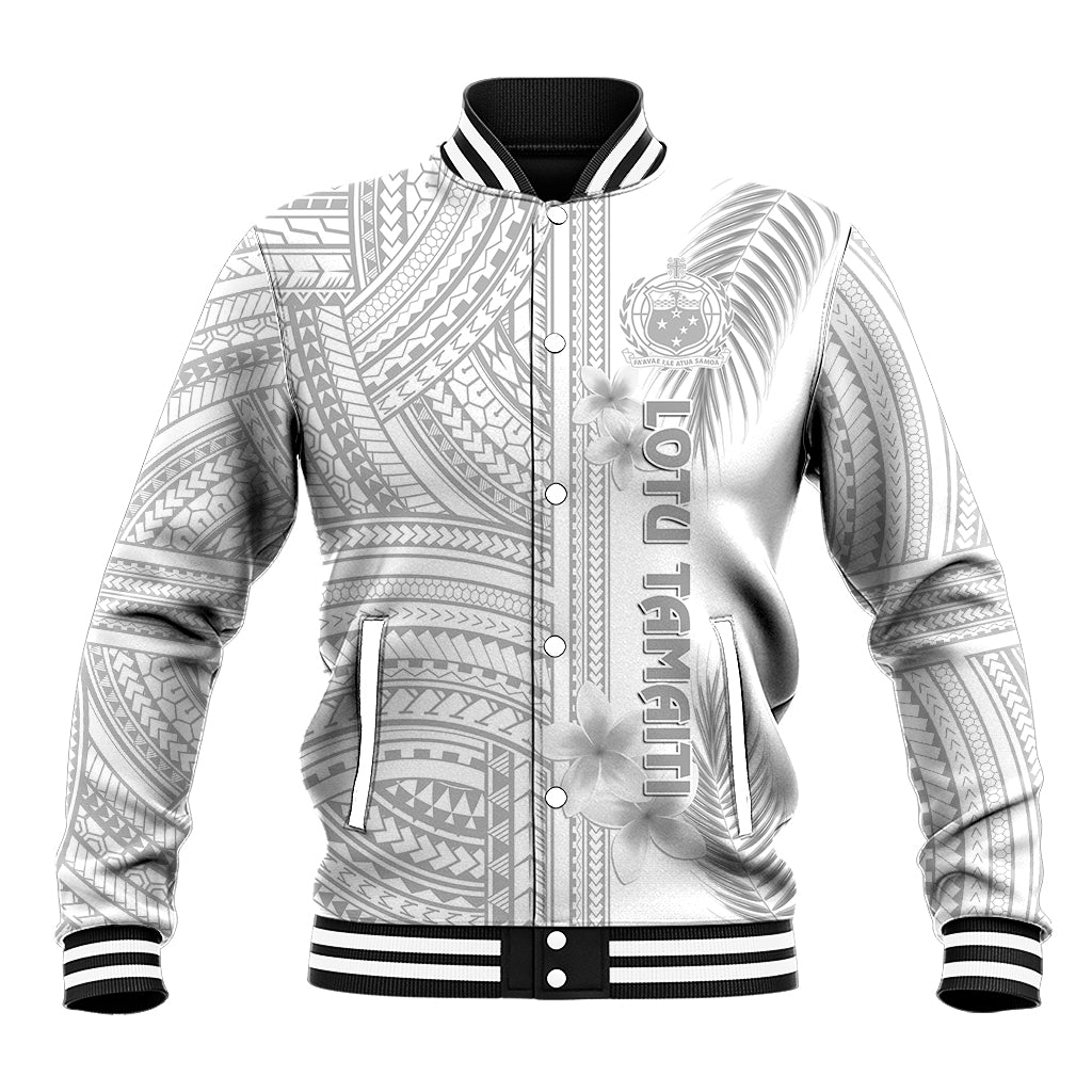 White and gray Polynesian-pattern baseball jacket with snap front and ribbed striped cuffs