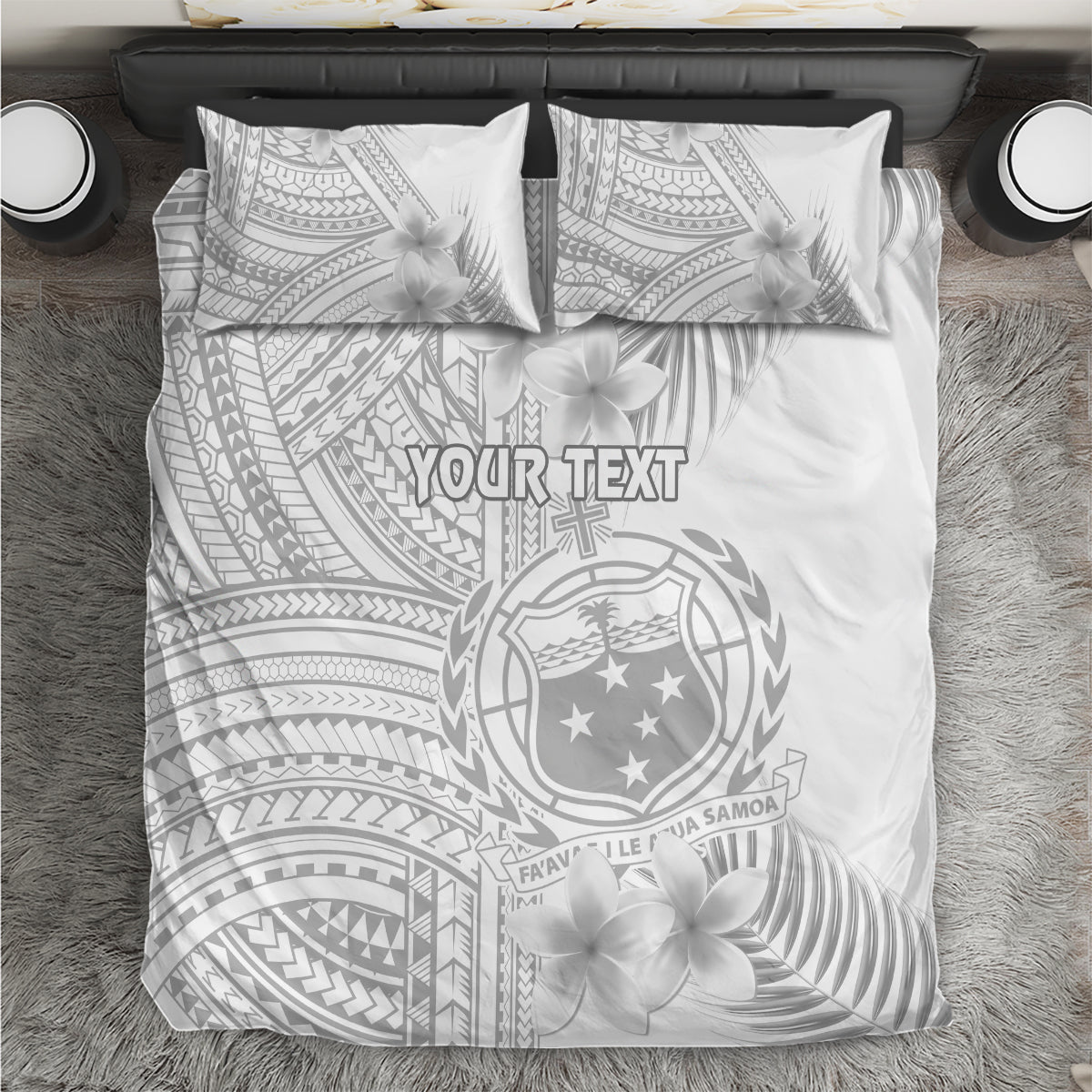 White bedding set with gray Polynesian patterns, crest, plumeria flowers, two pillowcases