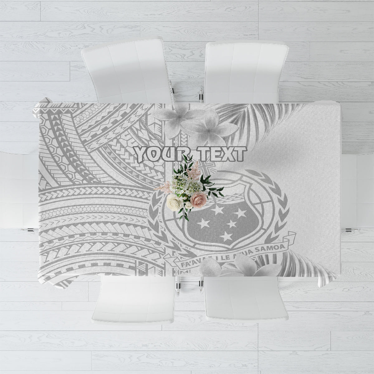 White tablecloth with grey Polynesian leaf and geometric medallion print, personalized look