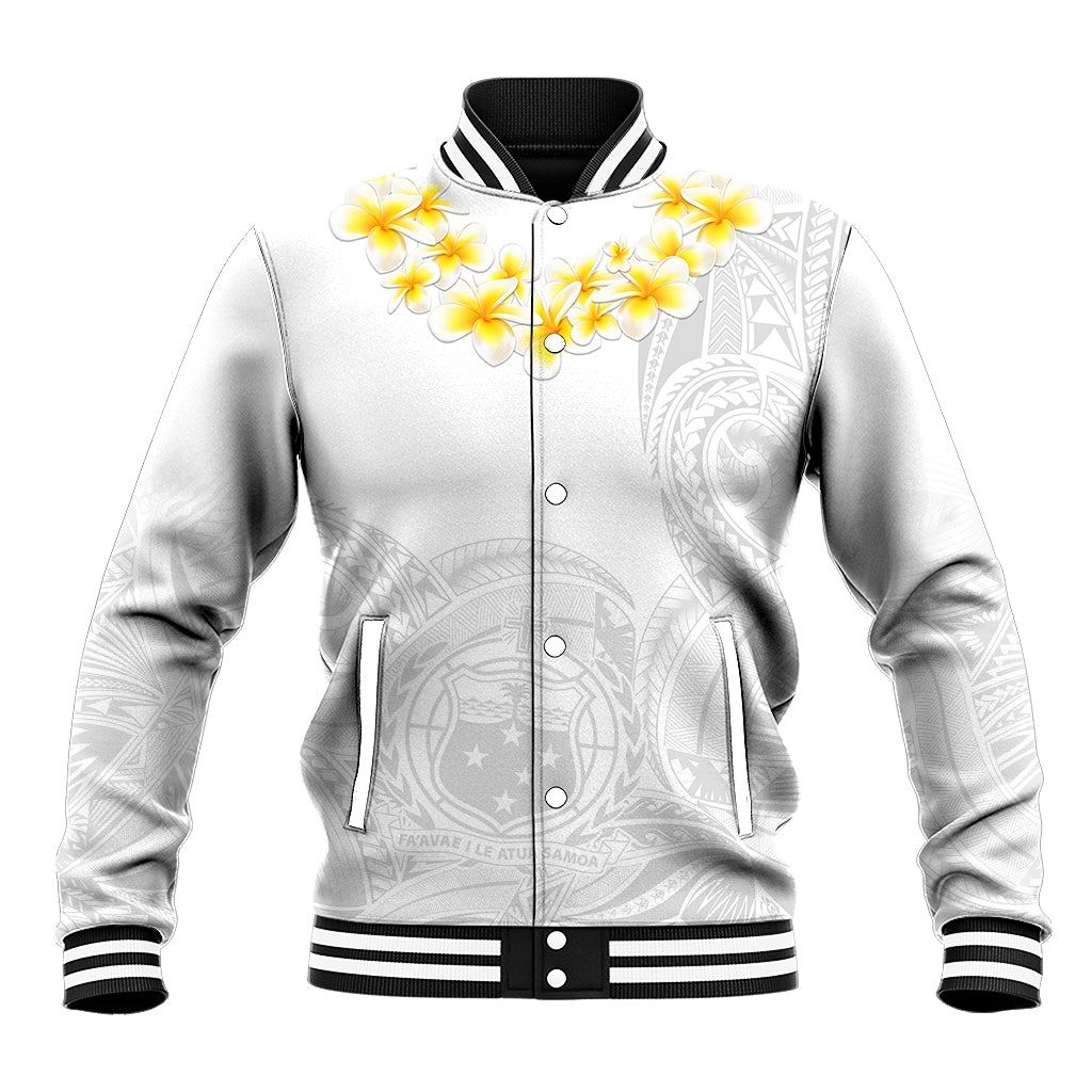 White baseball jacket with floral applique, zip front, striped ribbed collar and cuffs