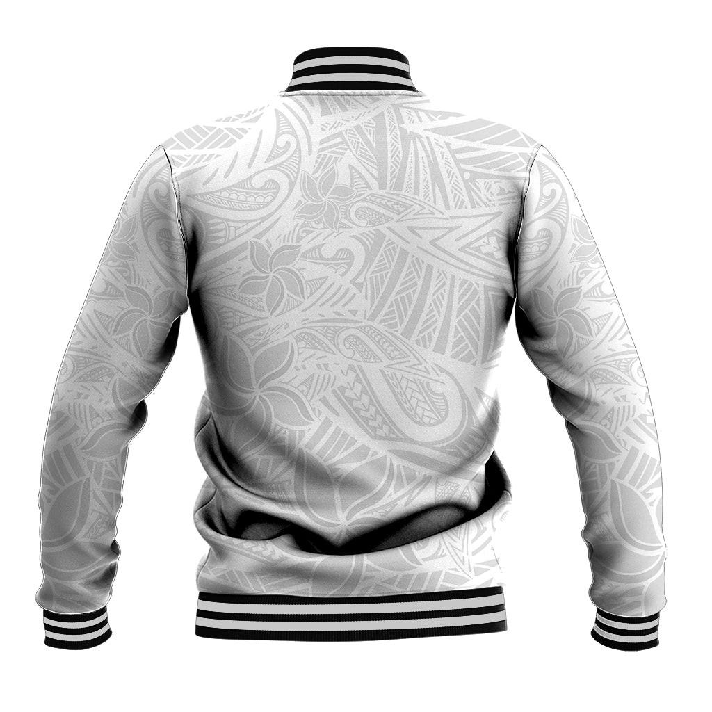 White tropical floral patterned baseball jacket back, black striped ribbed hem and cuffs