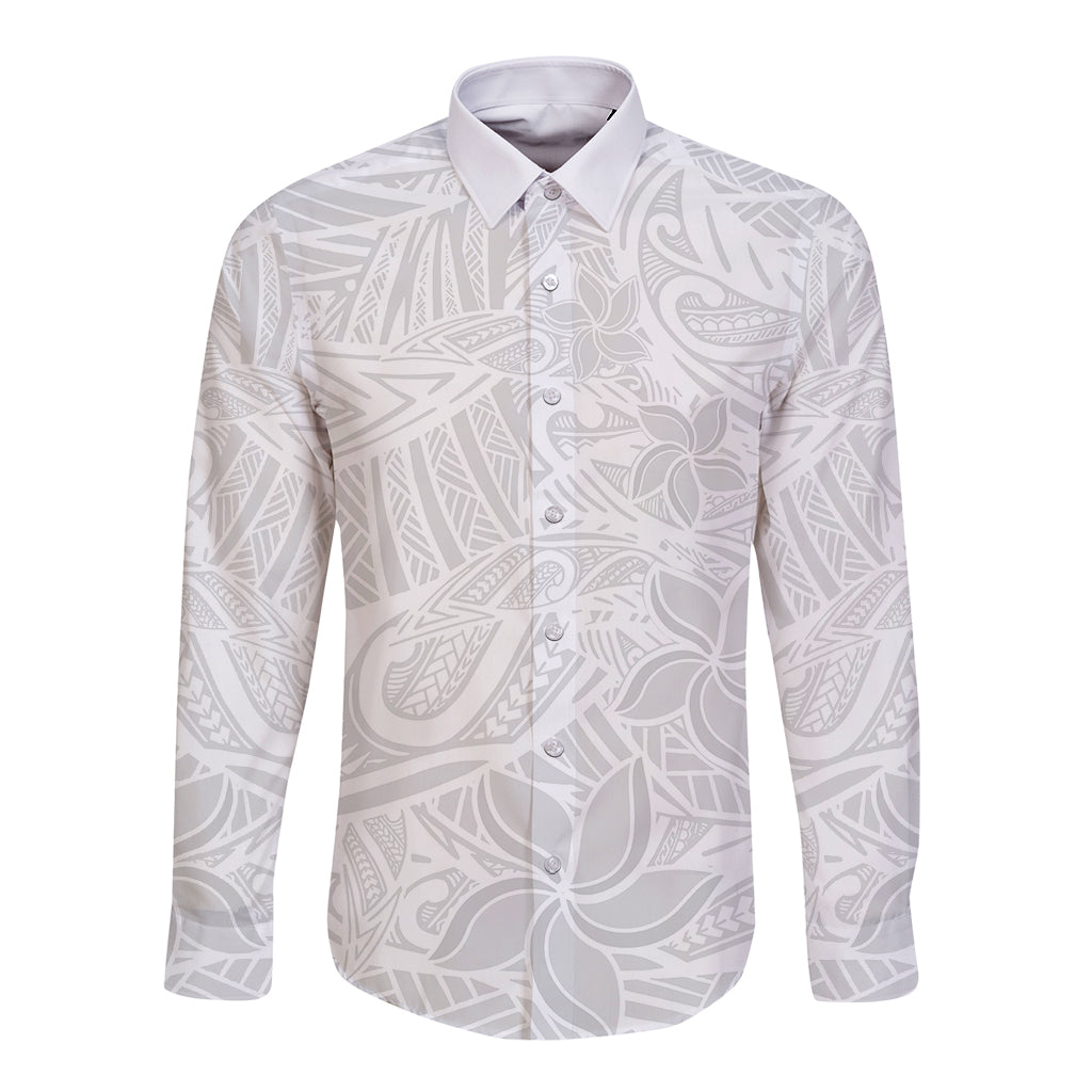 White long sleeve button-up shirt with gray tropical floral and wave print, collared