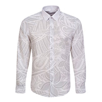 White long sleeve button-up shirt with gray tropical floral and wave print, collared