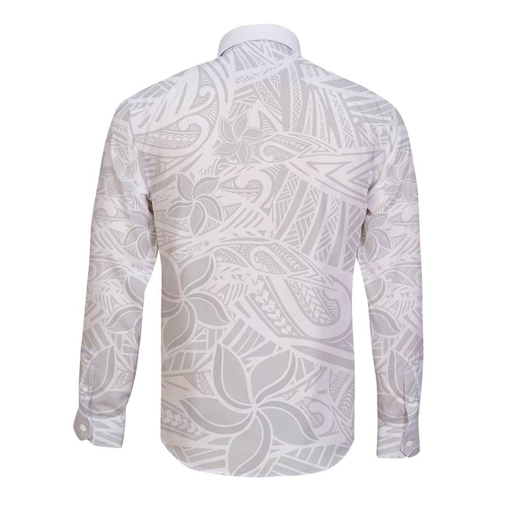 Back view of white long sleeve button-up shirt with gray tropical floral and wave print
