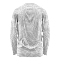 White long-sleeve shirt with back view Polynesian tropical pattern, crew neck