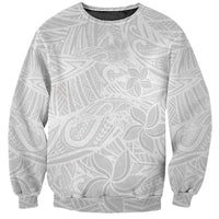 White crewneck sweatshirt with gray tropical floral and leaf pattern, long sleeves