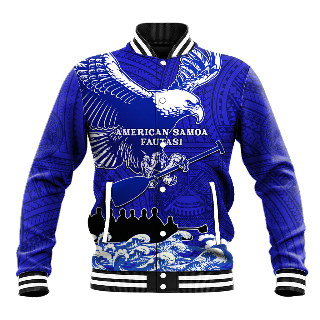 Blue varsity baseball jacket with eagle graphic and Polynesian pattern, snap front