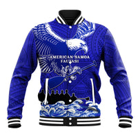 Blue varsity baseball jacket with eagle graphic and Polynesian pattern, snap front