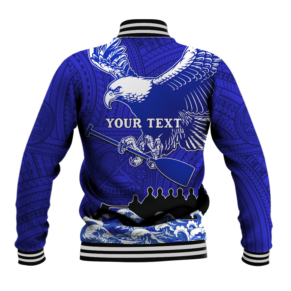 Blue varsity baseball jacket with eagle back graphic, Polynesian pattern, ribbed striped trim