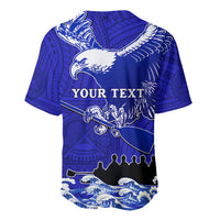 Blue baseball jersey back with large eagle, Polynesian pattern, 'YOUR TEXT'