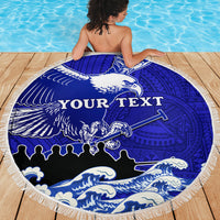 Round blue beach blanket with white eagle and waves, 'YOUR TEXT', white fringe edge