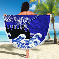 Round blue beach blanket with white eagle, sword motif, 'YOUR TEXT', fringe border