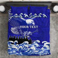 Blue eagle and wave patterned bedding set with Polynesian motifs and center text